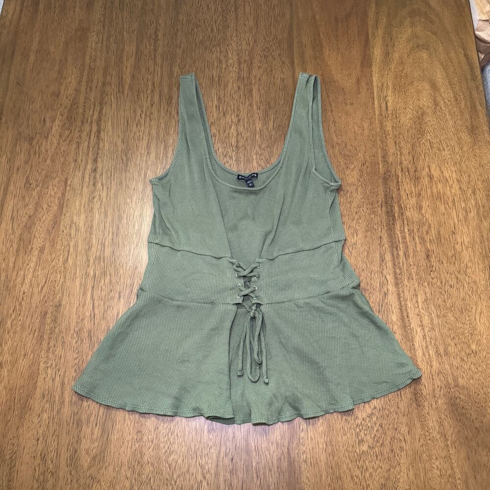 Express Women’s Large Olive Green Ribbed Lace Up Peplum Tank Top
